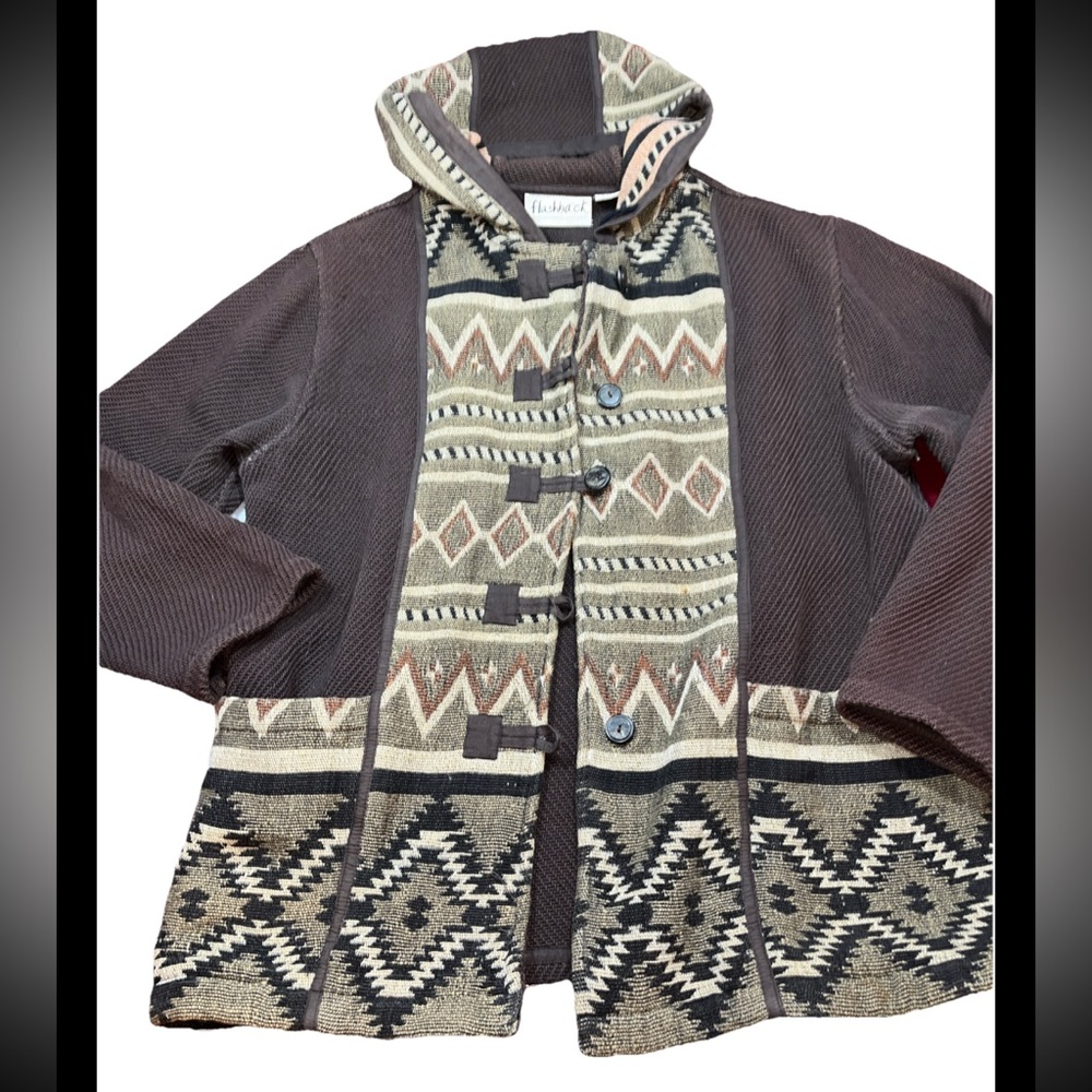 Vintage Flashback BROWN Tan Tapestry hooded Lg JACKET  Southwestern Boho Button